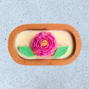 1️⃣2️⃣ oz 3-Wick Dough Bowl Soy Candle - Pink Peony Flower in Wooden Bowl